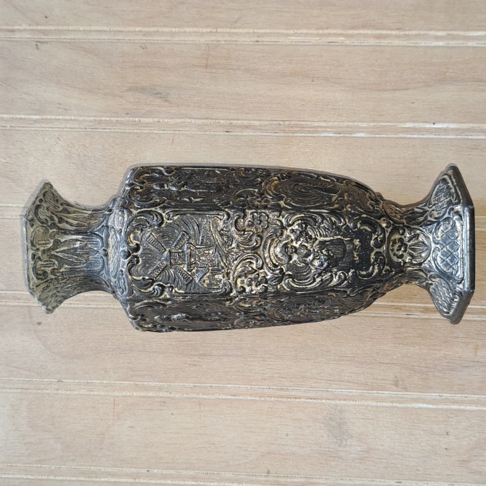 Vintage Old Dutch-Style Embossed Pewter Vase with Windmill & Figurine Motif